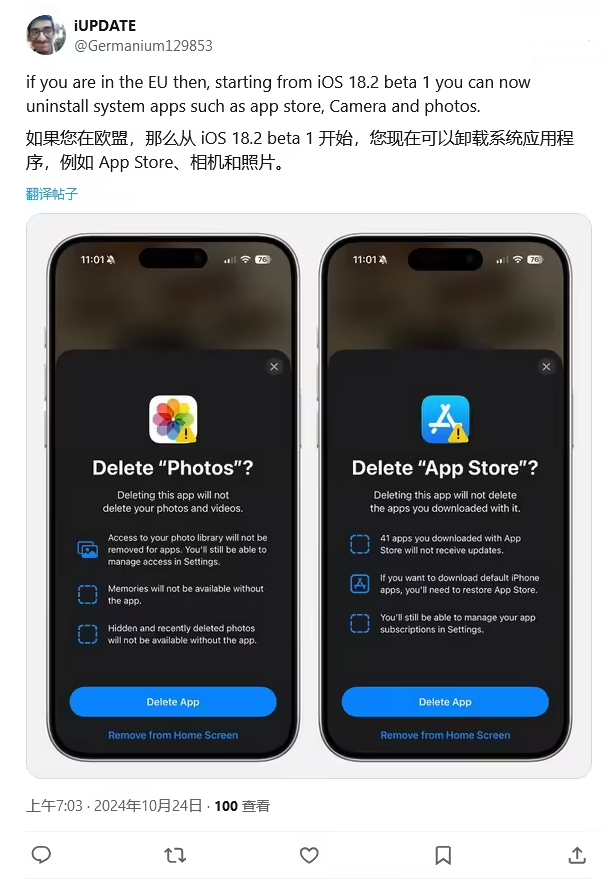 金沙苹果手机维修分享iOS 18.2 支持删除 App Store 应用商店 